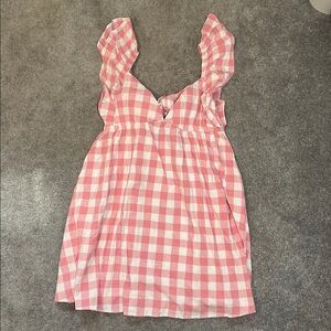 NWT Bibi 100% Cotton Pink White Gingham Plaid Babydoll Dress Tie Back Medium